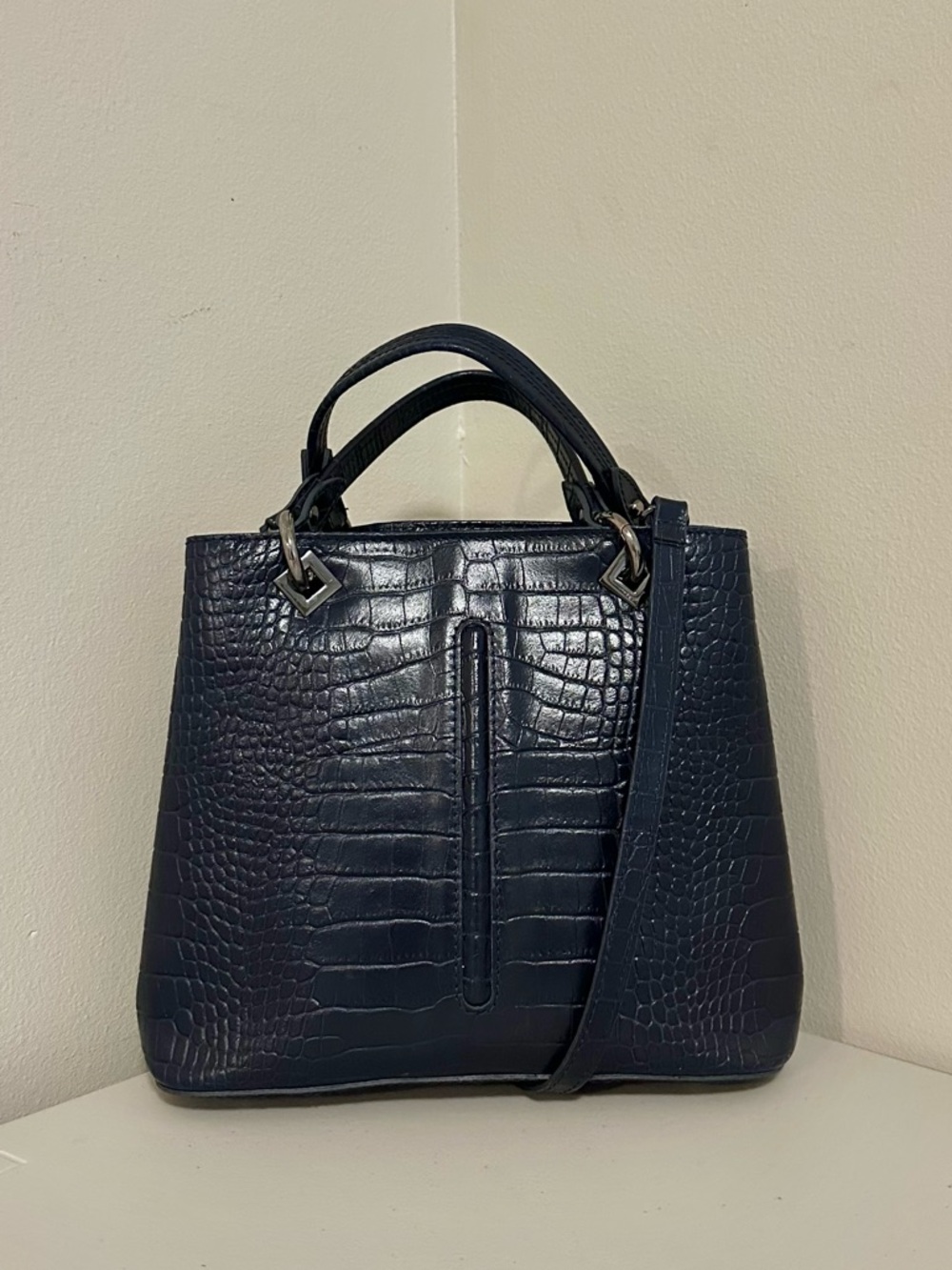 Navy Croc Embossed Genuine Leather Satchel Crossbody Bag Made in Italy Classic